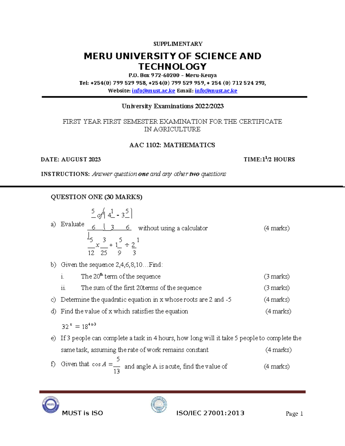 AAC 1102: Mathematics Supplementary Exam August 2023 - Studocu