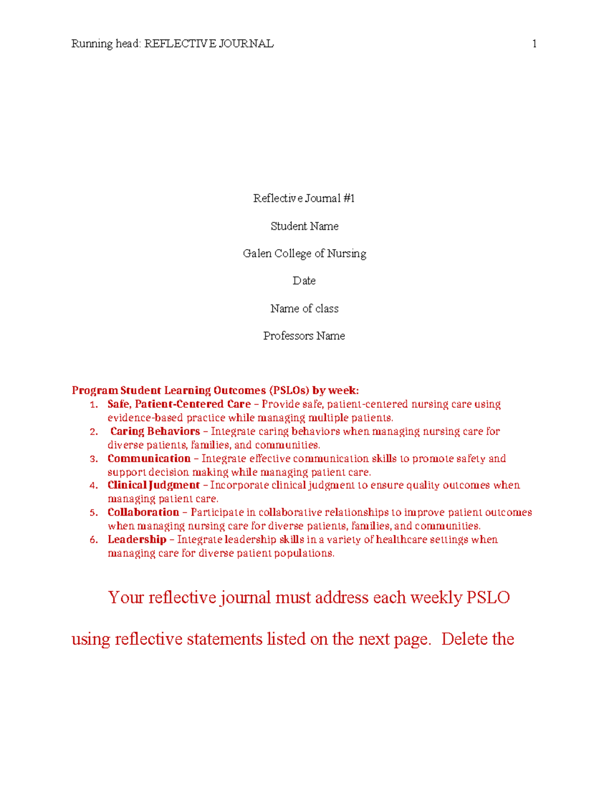 Reflective Journal Template for Nursing Course NURS 283-2 - Studocu