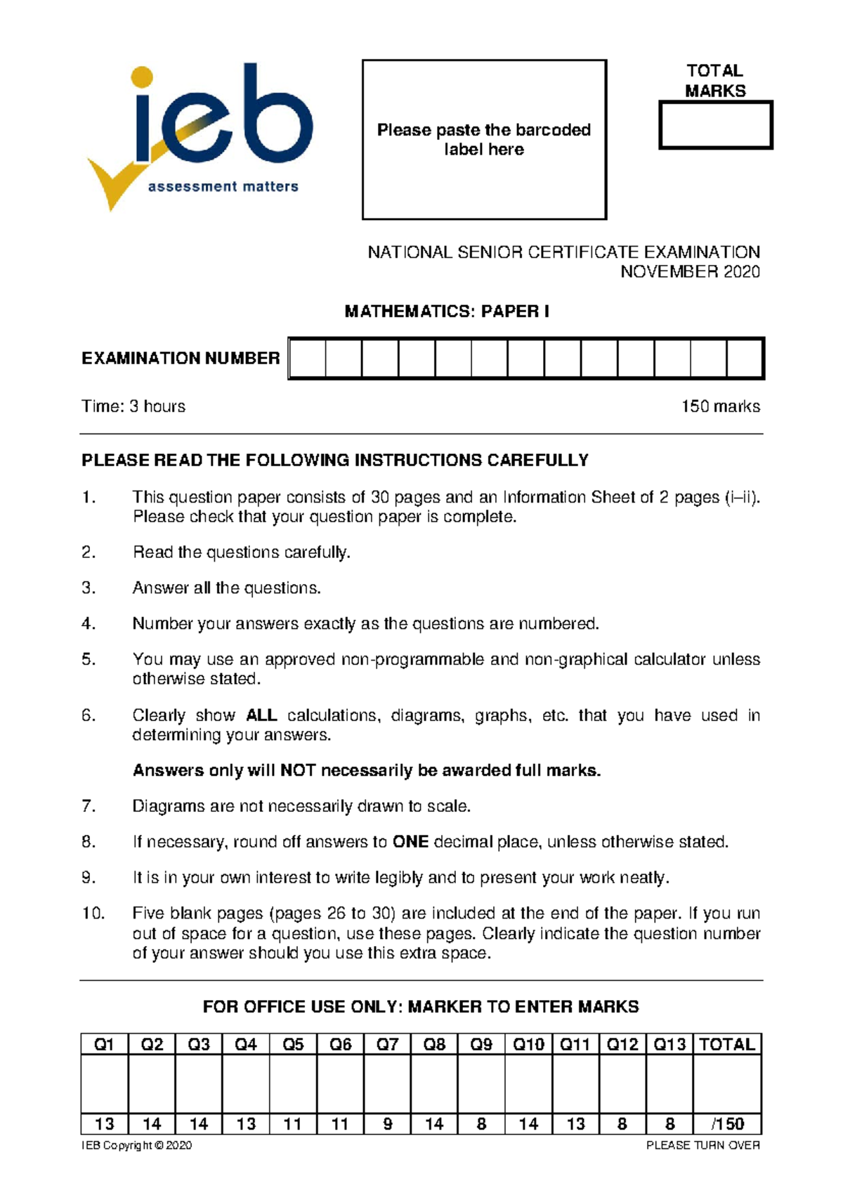 Mathematics P1 Nov 2020 - Official Exam Paper with Instructions - Studocu