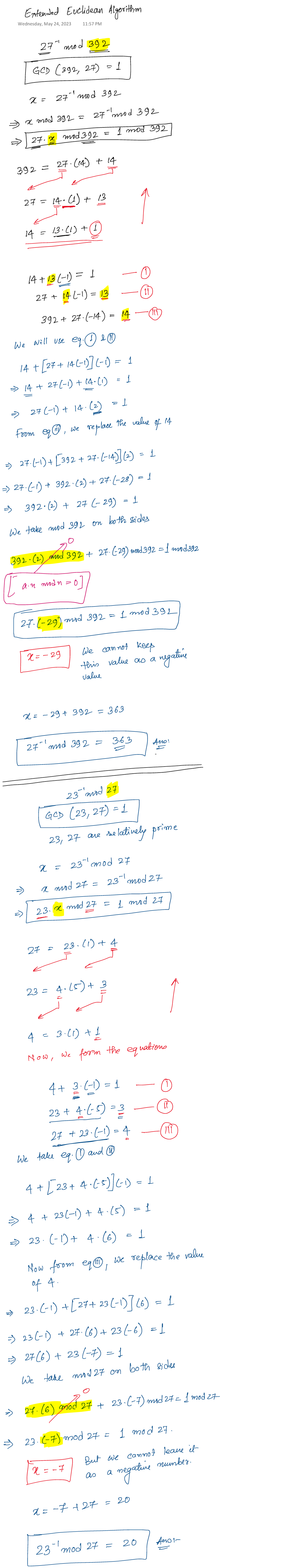 Extended Euclidean Algorithm: Mod Arithmetic 6 Notes - Studocu
