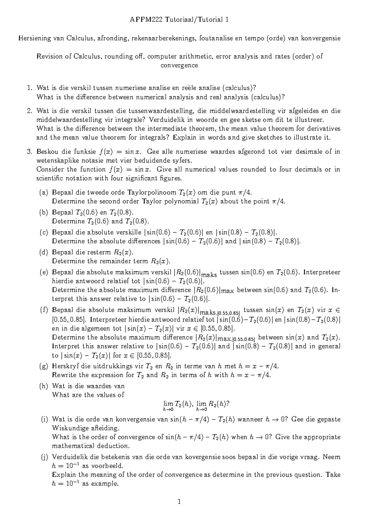 APPM222 Tutorial 1: Revision of Calculus and Error Analysis - Studocu