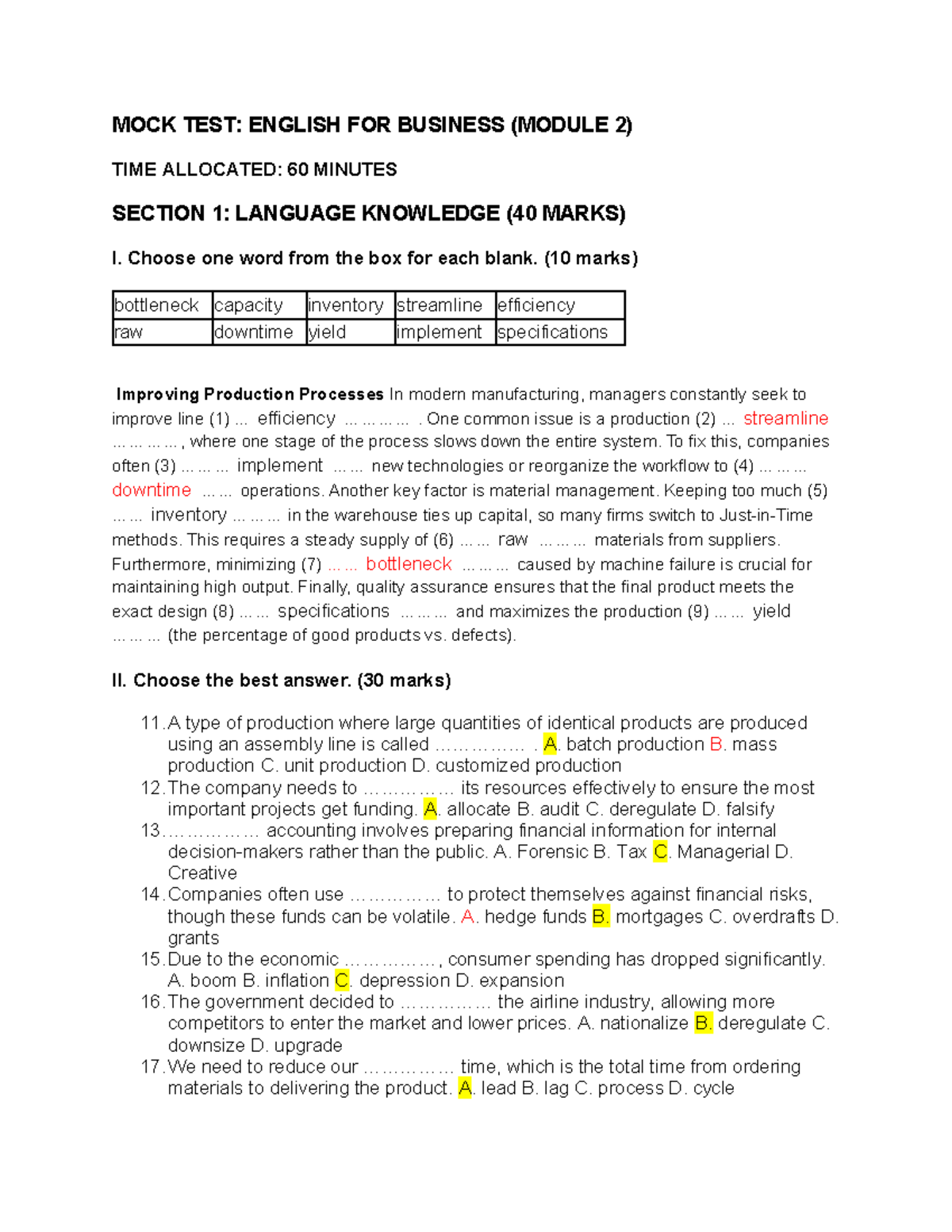 MOCK TEST: ENGLISH FOR BUSINESS (MODULE 2) - 60 MINUTES - Studocu