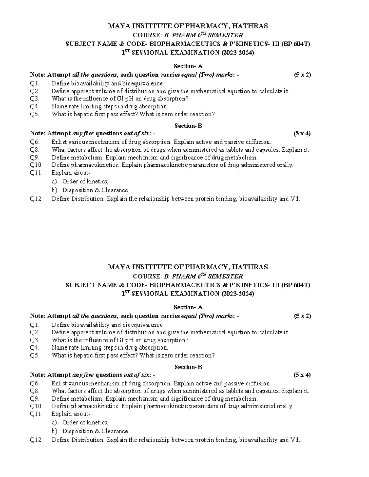 Ravi Papers - COURSE: B. PHARM 6TH SEMESTER SUBJECT NAME & CODE ...
