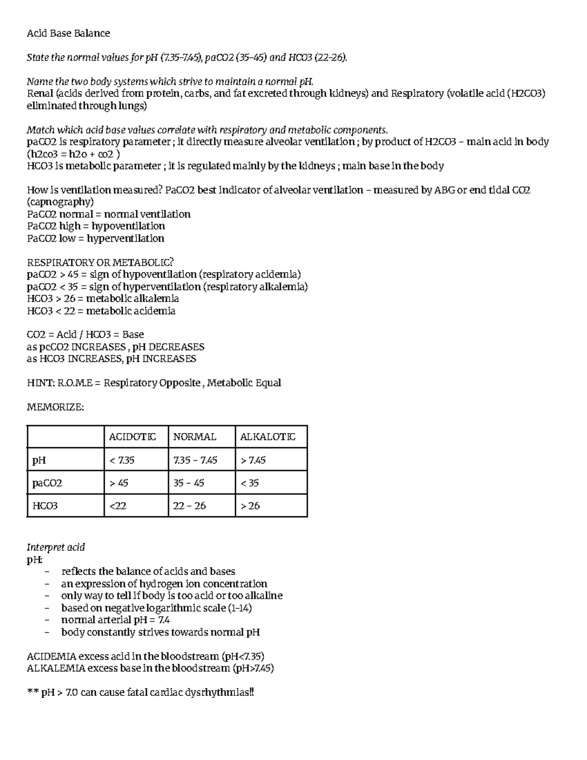 Acid Base Balance - Key Concepts and ABG Interpretation Notes - Studocu