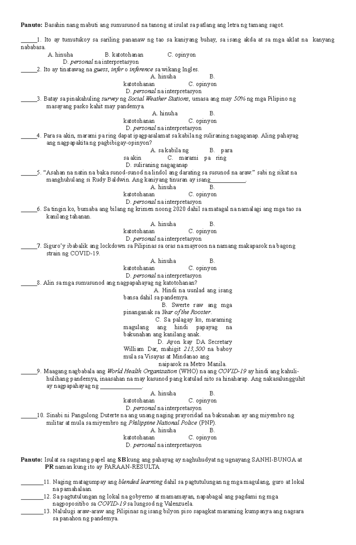 Quiz - Lecture for all filipino students - Panuto: Basahin nang mabuti ...