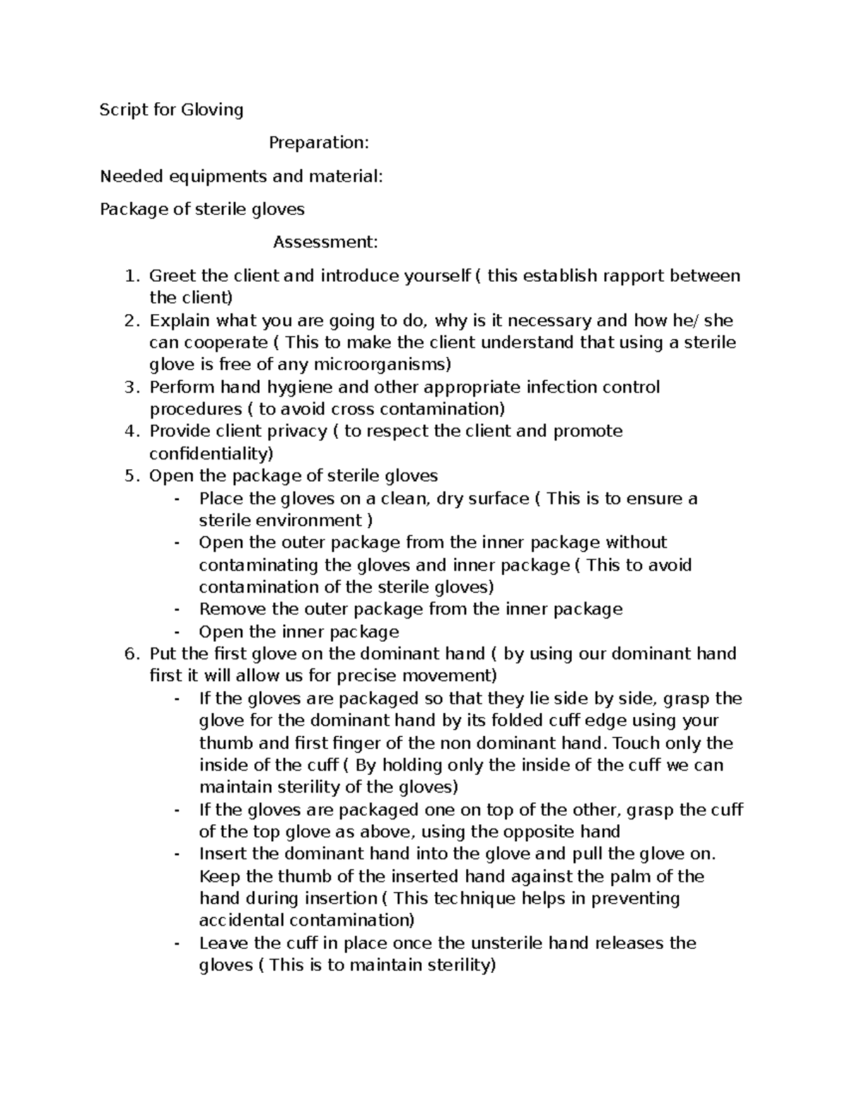 Gloving Procedure Script: Infection Control & Client Safety - Studocu