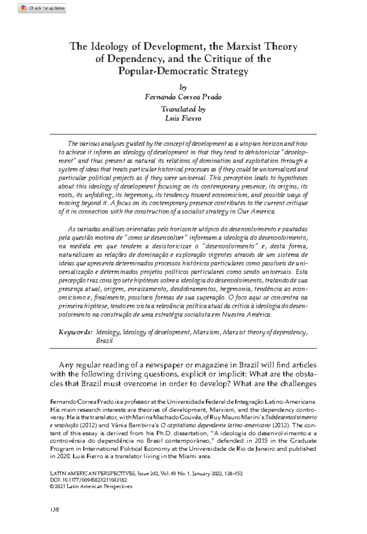 1043182 Final Exam: The Ideology of Development in Brazil - A Marxist ...