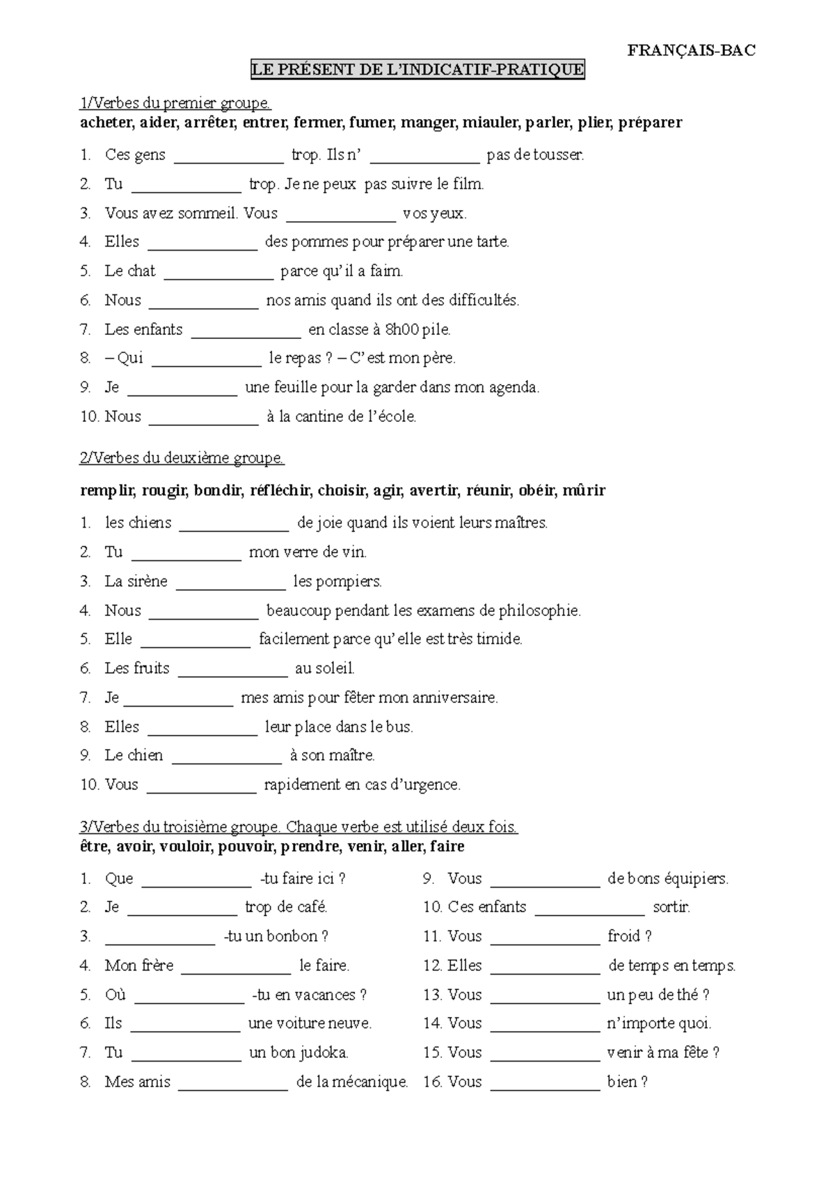 Présent-Bac-Pratique - FRANÇAIS-BAC LE PRÉSENT DE L’INDICATIF-PRATIQUE ...
