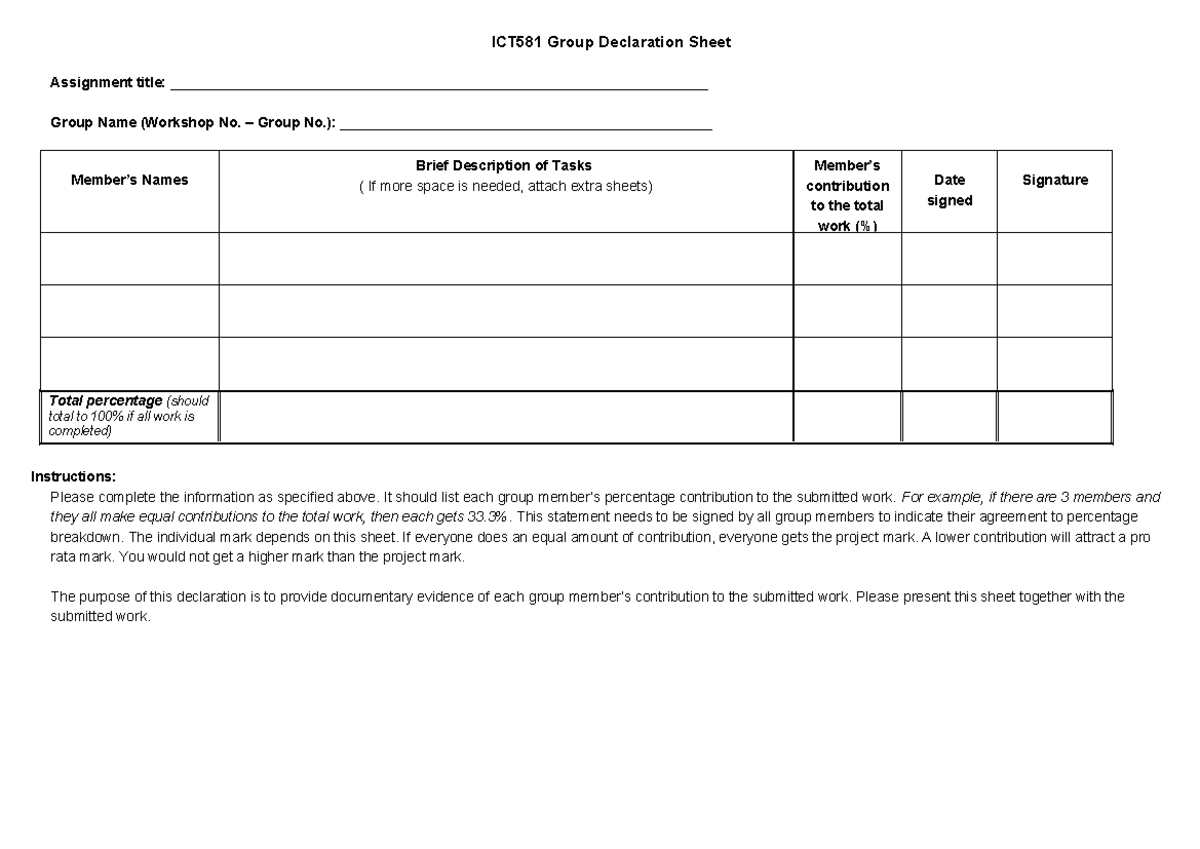 Group Declaration Sheet - ICT581 Group Declaration Sheet Assignment ...