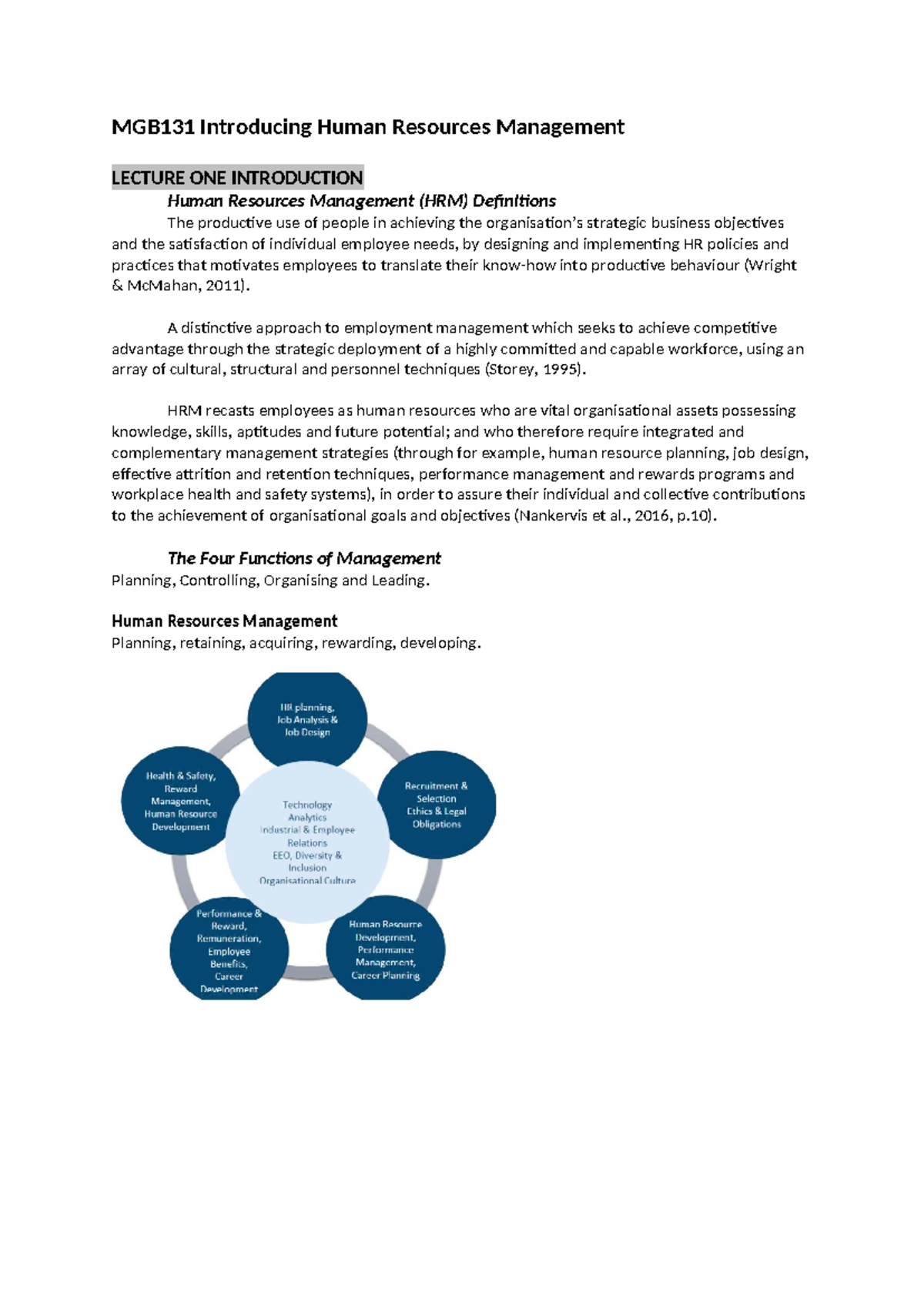 MGB131 Lecture Notes: Introduction to Human Resources Management - Studocu