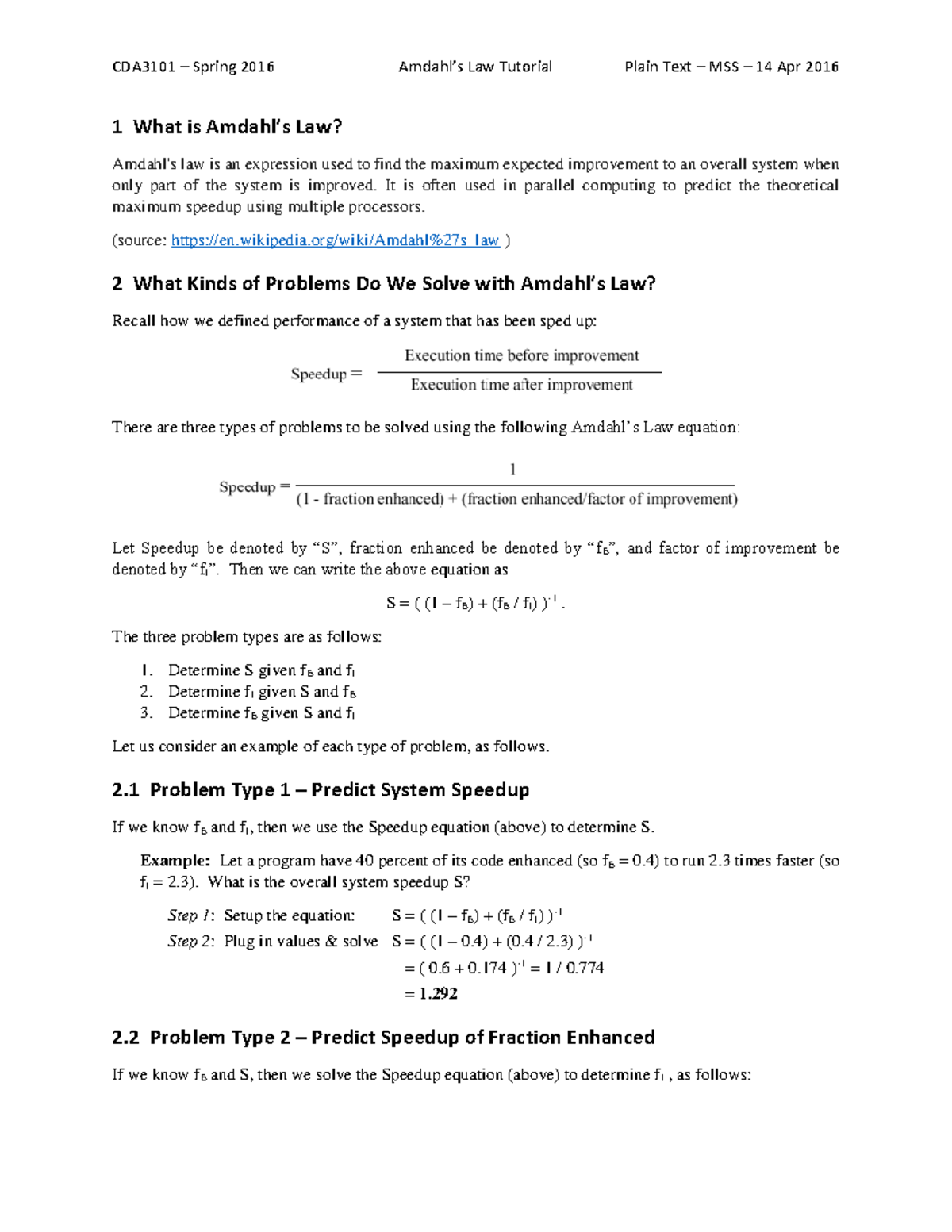 CDA3101 S16 Amdahl’s Law Overview and Problem Types Explained - Studocu
