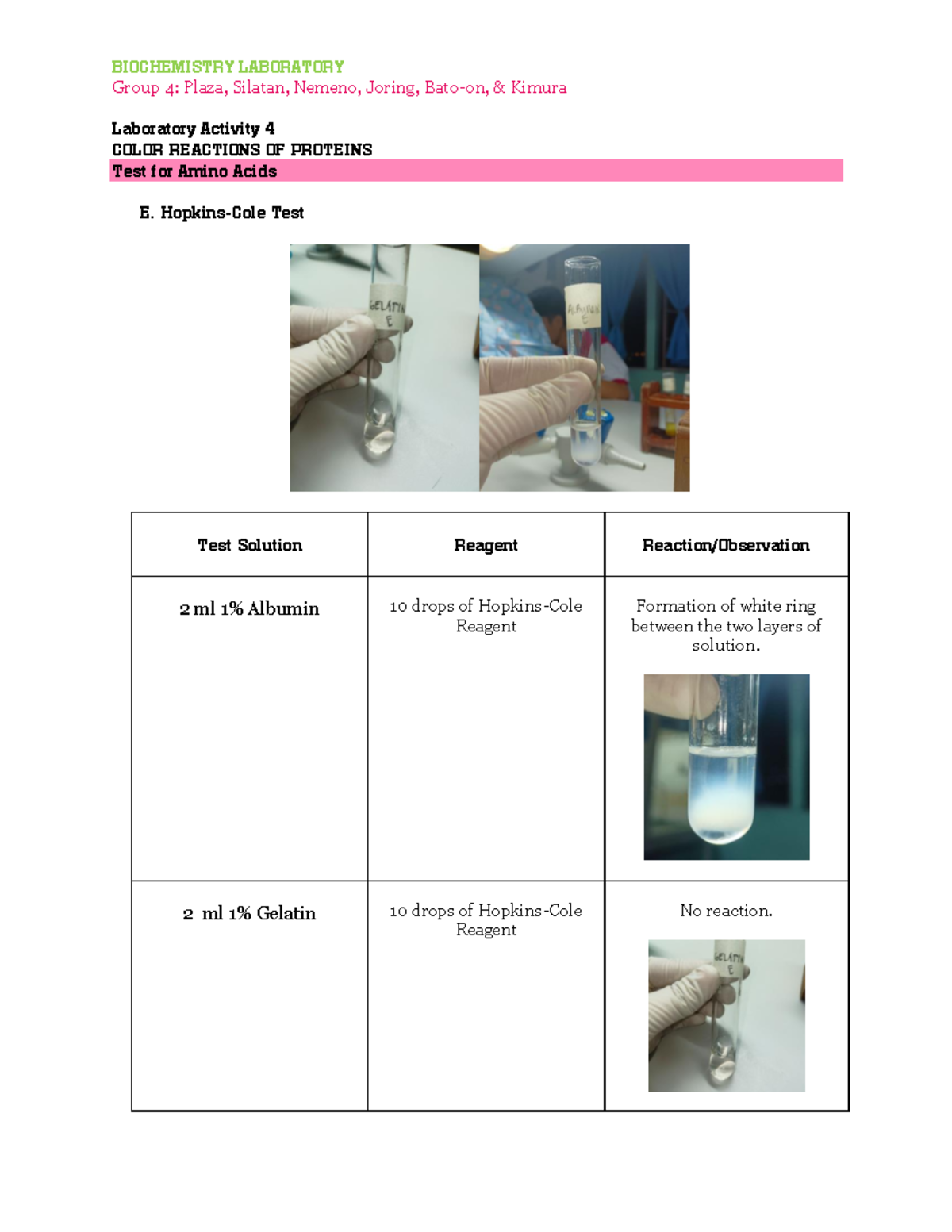 E. Hopkins-Cole Test - sfkdj - Biochemistry - BIOCHEMISTRY LABORATORY ...