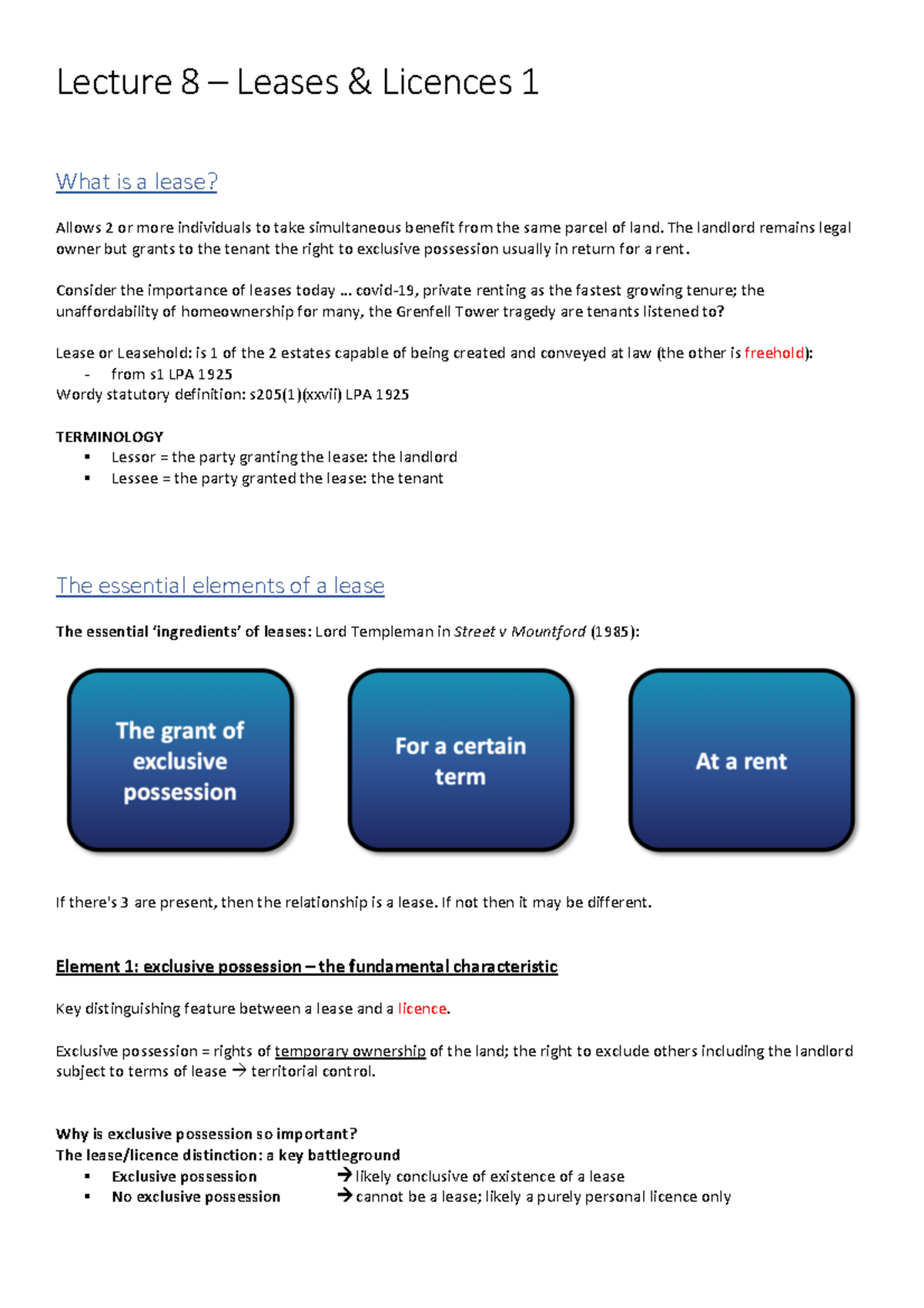 Leases & Licences 1 Lecture 8 Notes: Exclusive Possession & Terms - Studocu