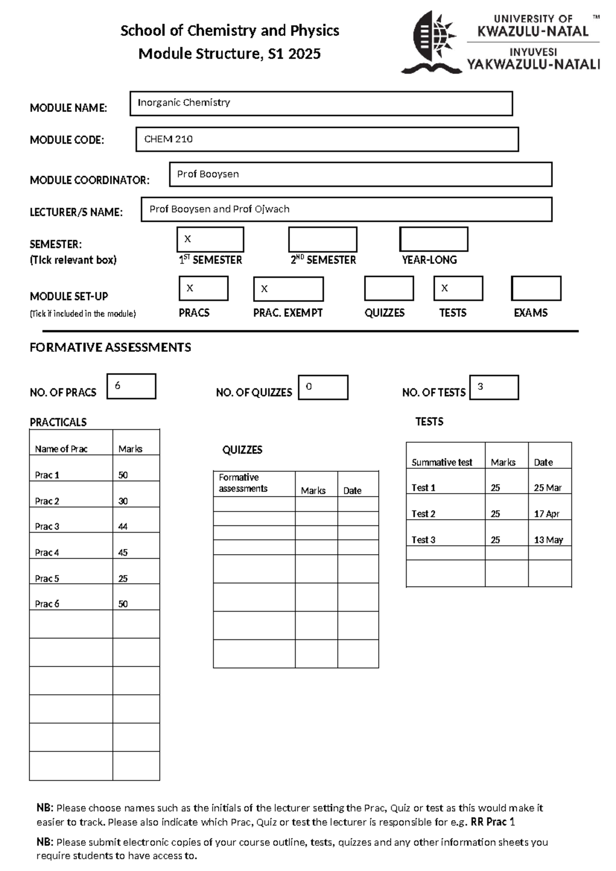 Inorganic Chemistry Module Structure - CHEM 210 - S1 2025 - Studocu