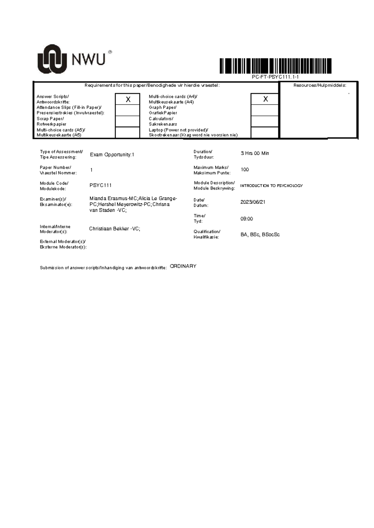 PSYC111: Exam Paper 1 - Introduction to Psychology (June 2023) - Studocu