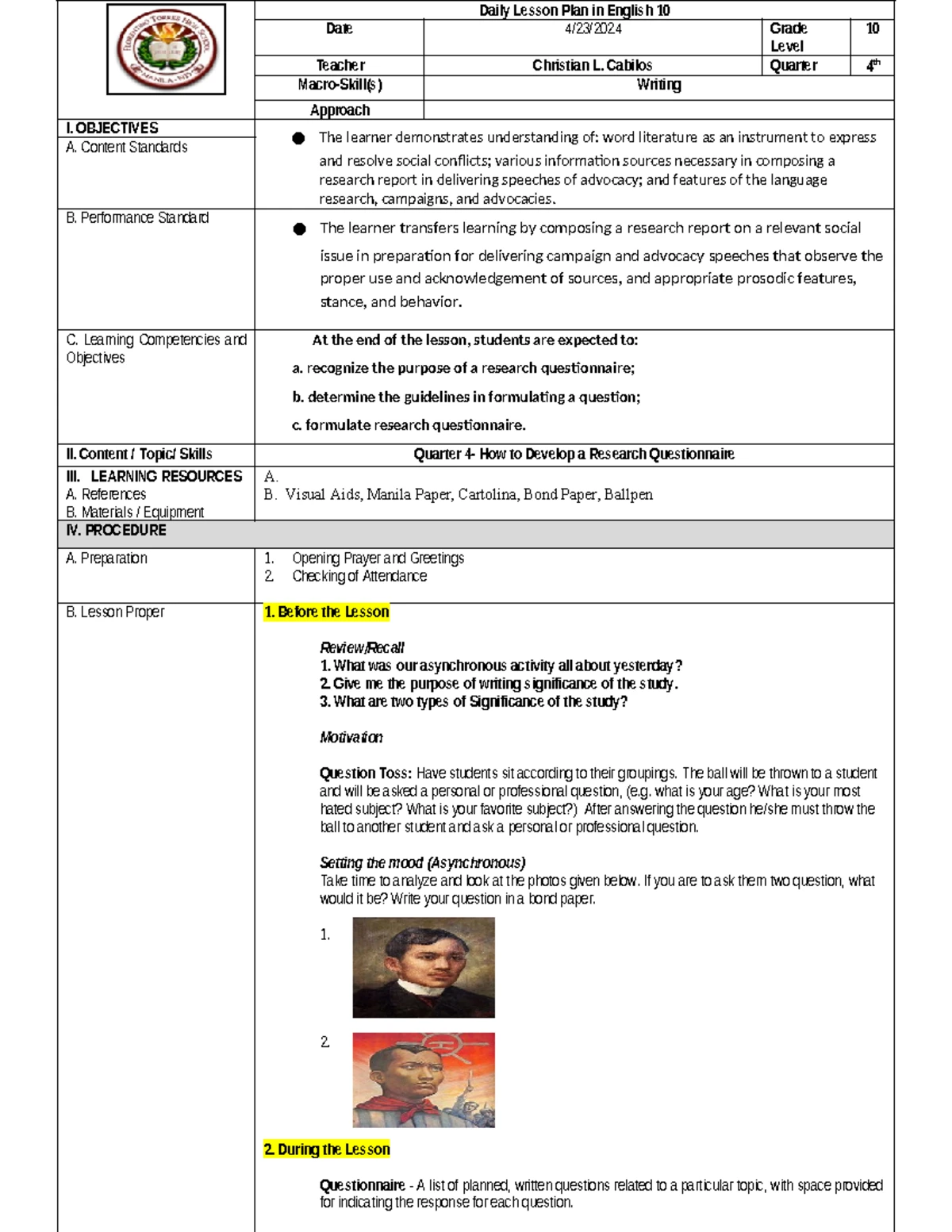 Lesson Plan on Analogy for Grade 8 (EN7V-IV-c-23) - 1st Quarter - Studocu