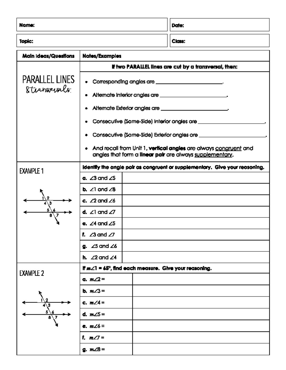 3-2 Notes - Geometry Work - Name: Date: Topic: Class: Main If two ...