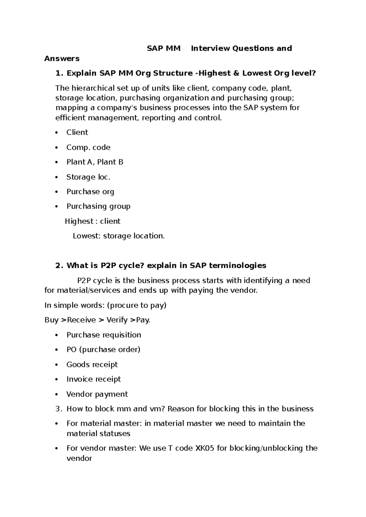 SAP MM Interview Questions & Answers: Comprehensive Guide for Ss - Studocu