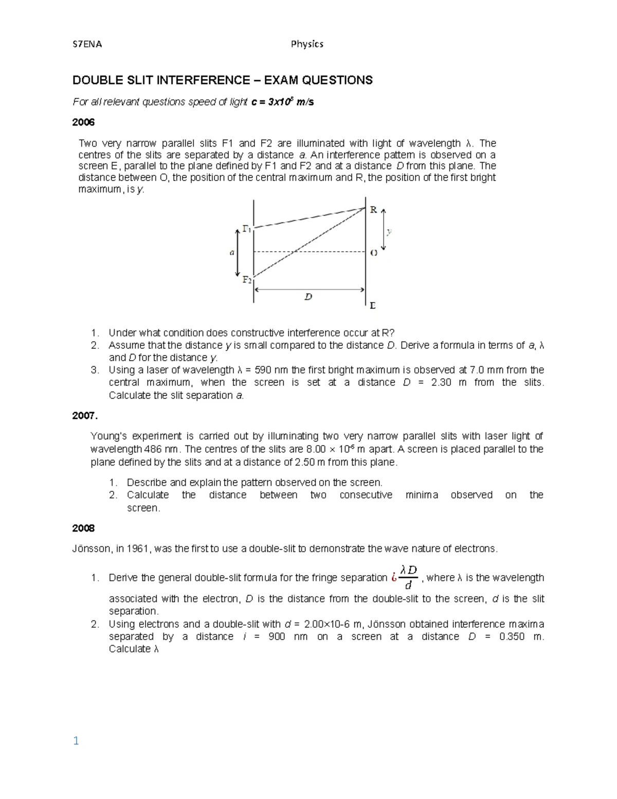 S7PHYENA Diffraction Grating and Interference Exam Questions 2006-2024 ...