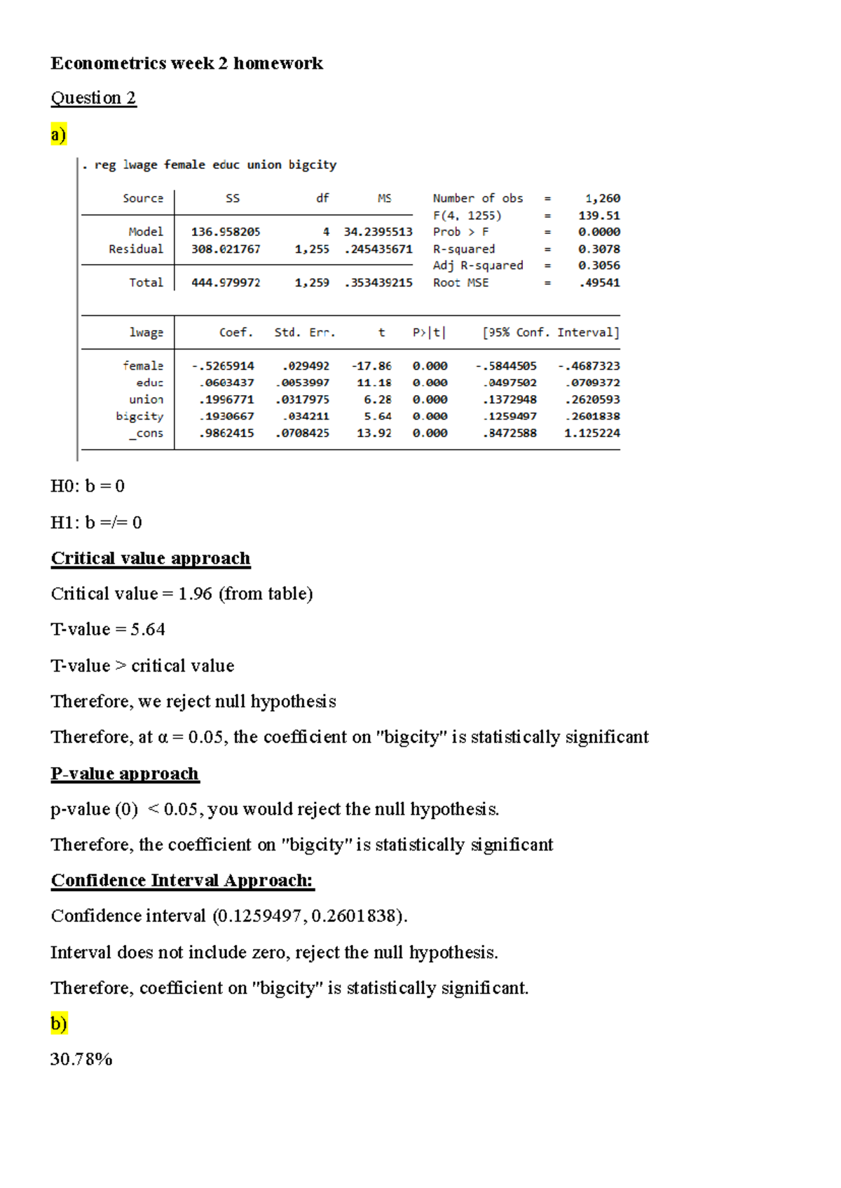 Econometrics Week 2 Homework - Stata Analysis and Hypothesis Testing ...
