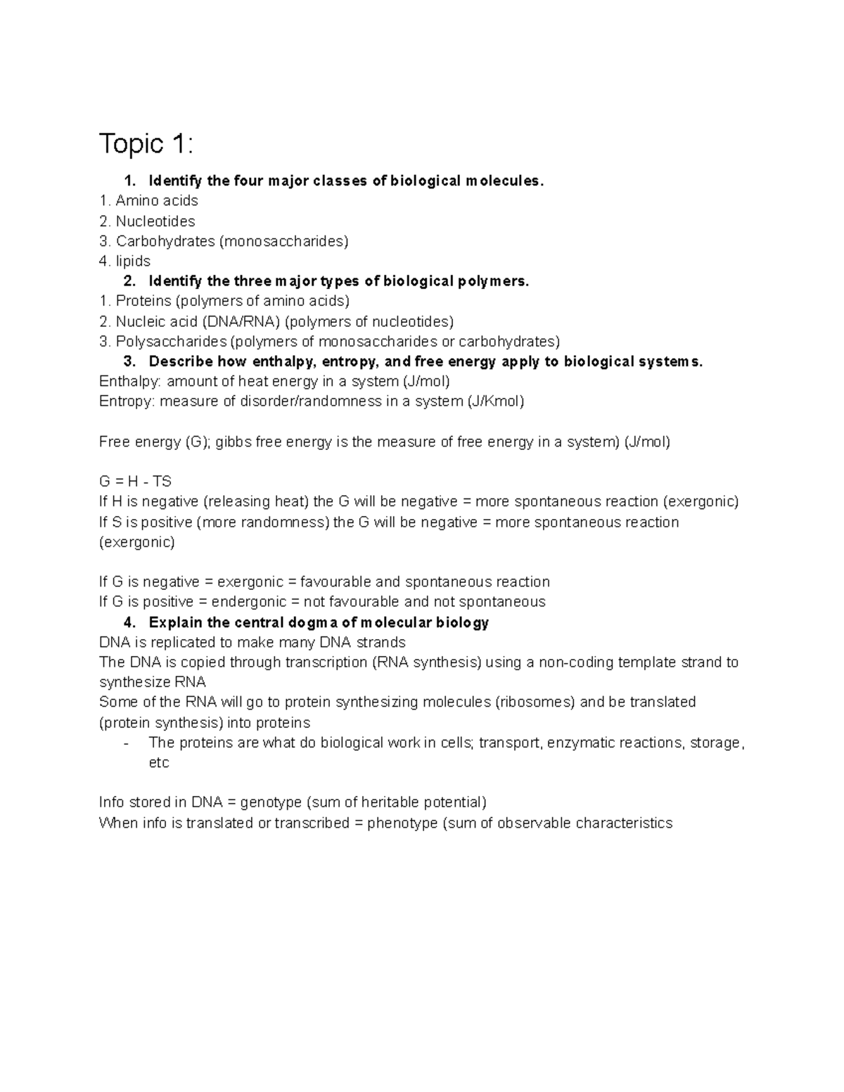 Biochem 101: Key Outcomes on Biological Molecules & Processes - Studocu