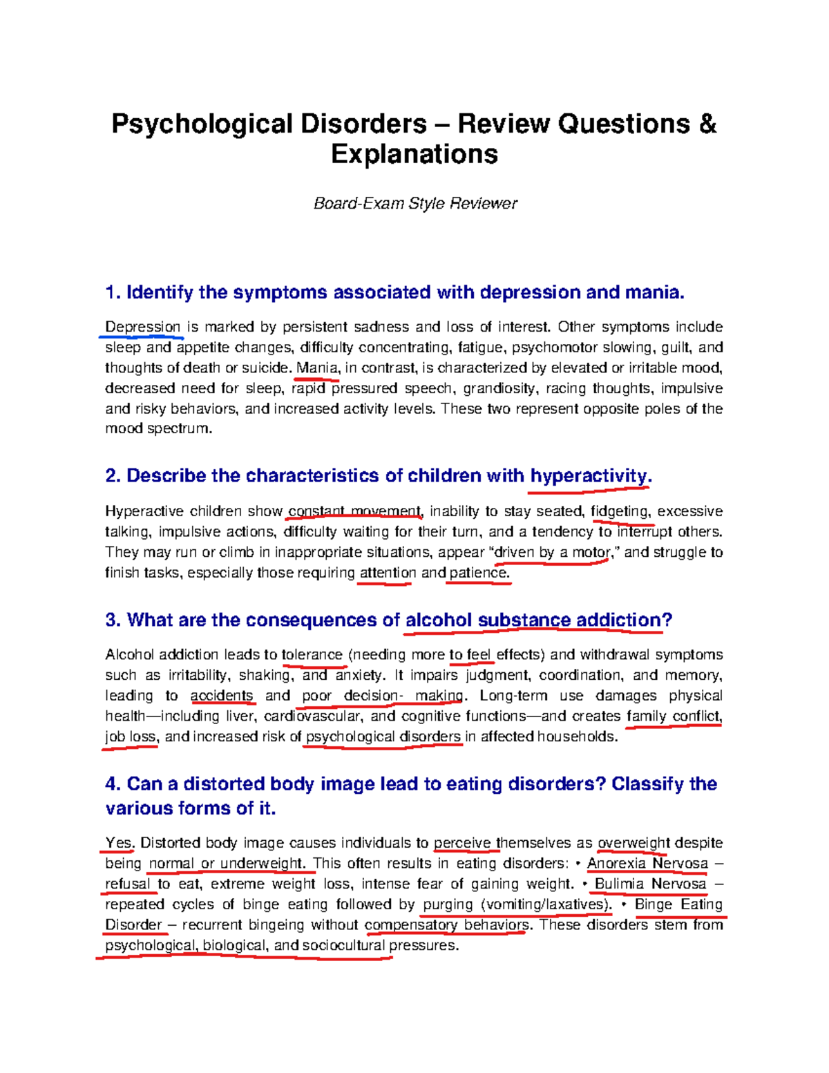 Psych 101: Detailed Review Questions on Psychological Disorders - Studocu