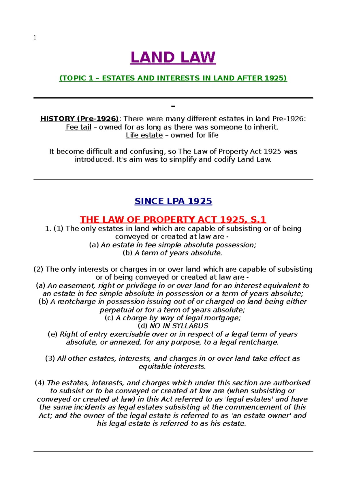 Land law lecture 1 - notes - Catey Thomas 2019/ UNIVERSITY OF BRISTOL ...