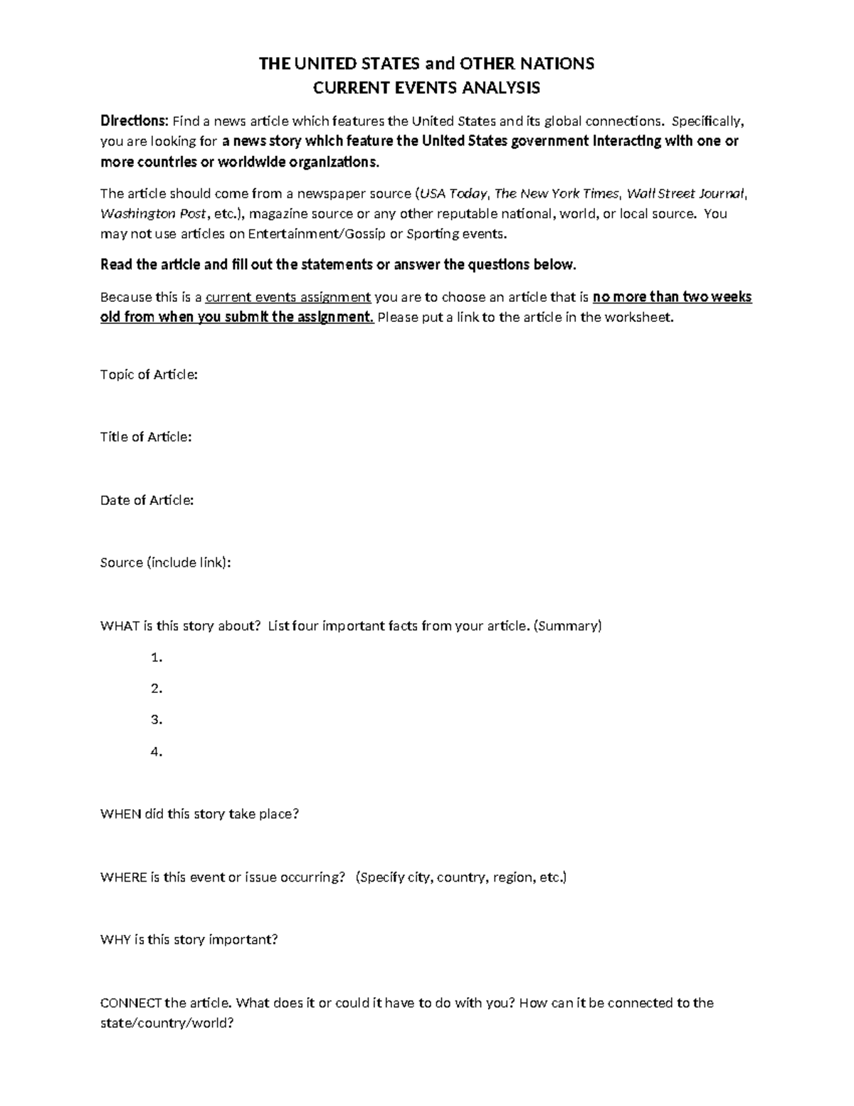 US and other Nations Current Events Analysis - THE UNITED STATES and ...