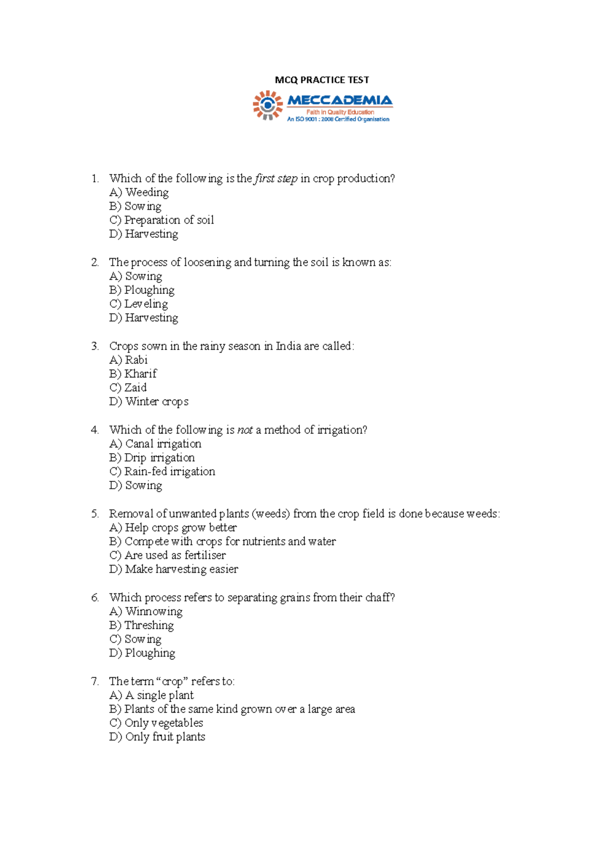 MCQ Practice Test - Crop Production & Biology Concepts (JJKM) - Studocu