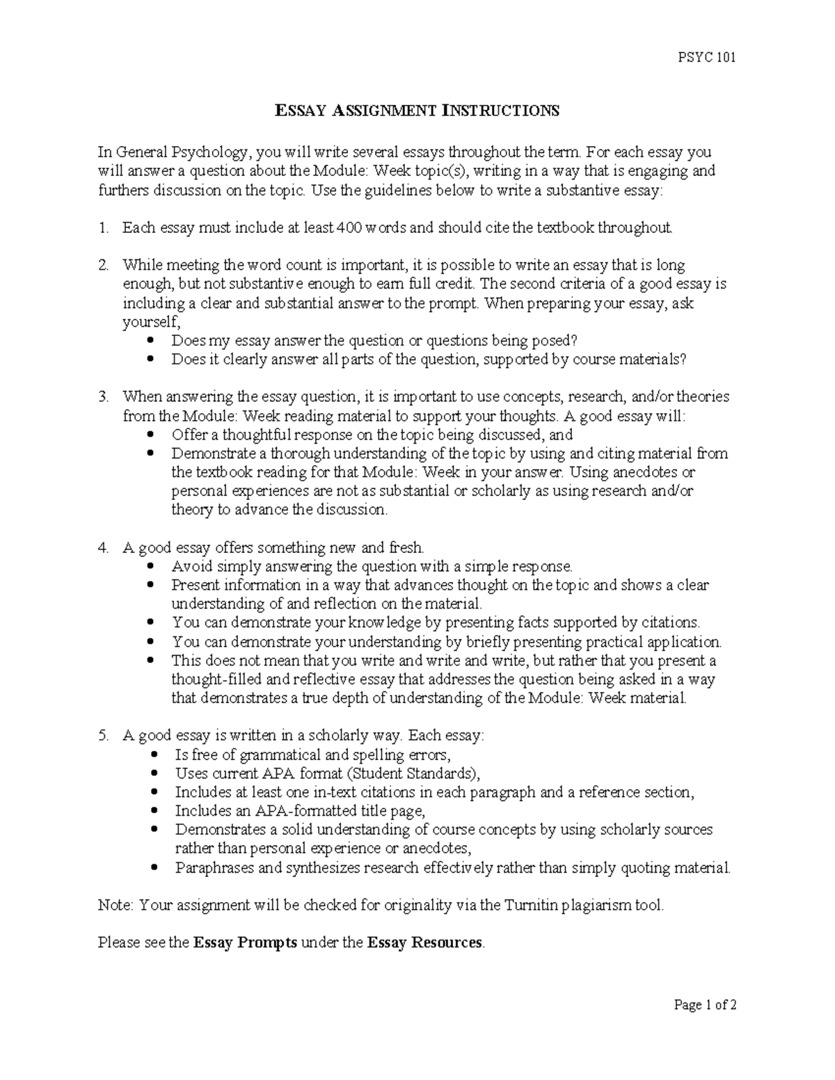 PSYC 101 Essay Assignment Guidelines for General Psychology - Studocu