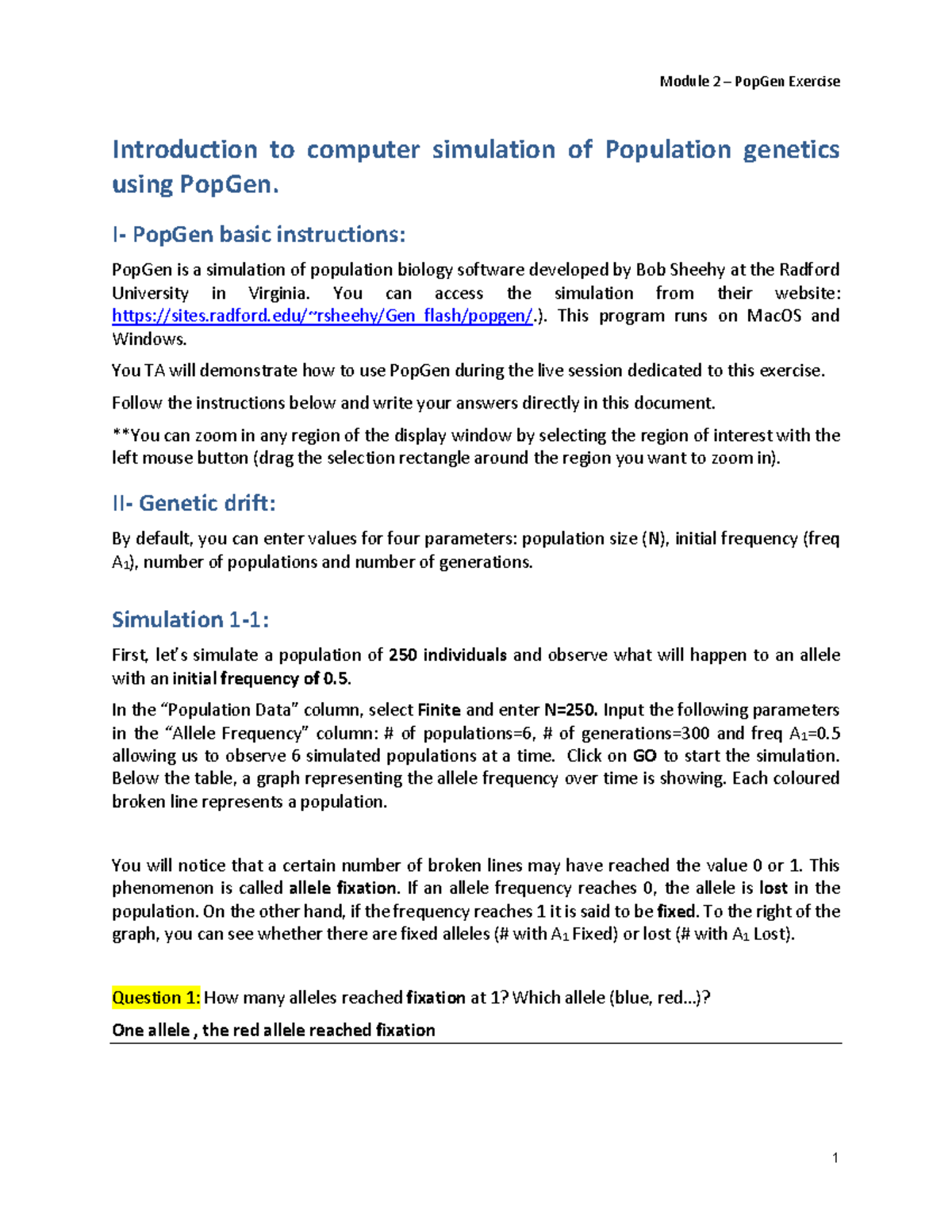 BIO 1130 PopGen Lab: Computer Simulations of Genetic Drift and ...
