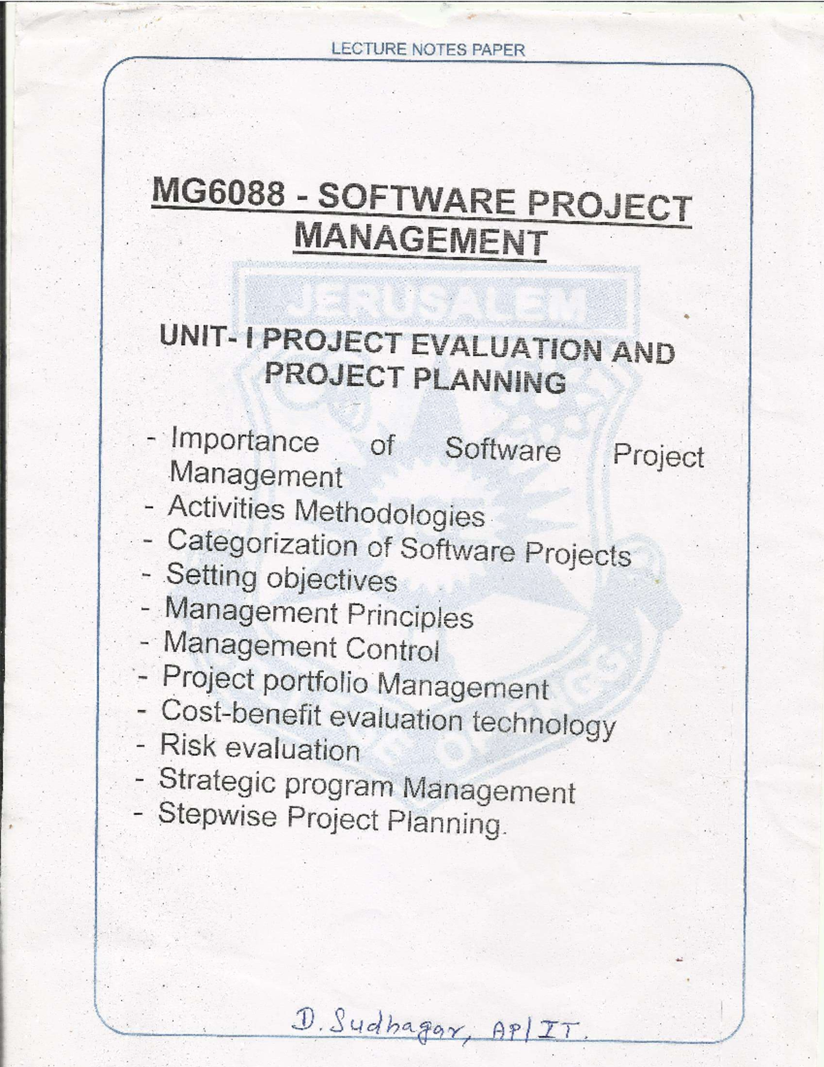 MG6088 Software Project Management Lecture Notes: Evaluation & Planning ...