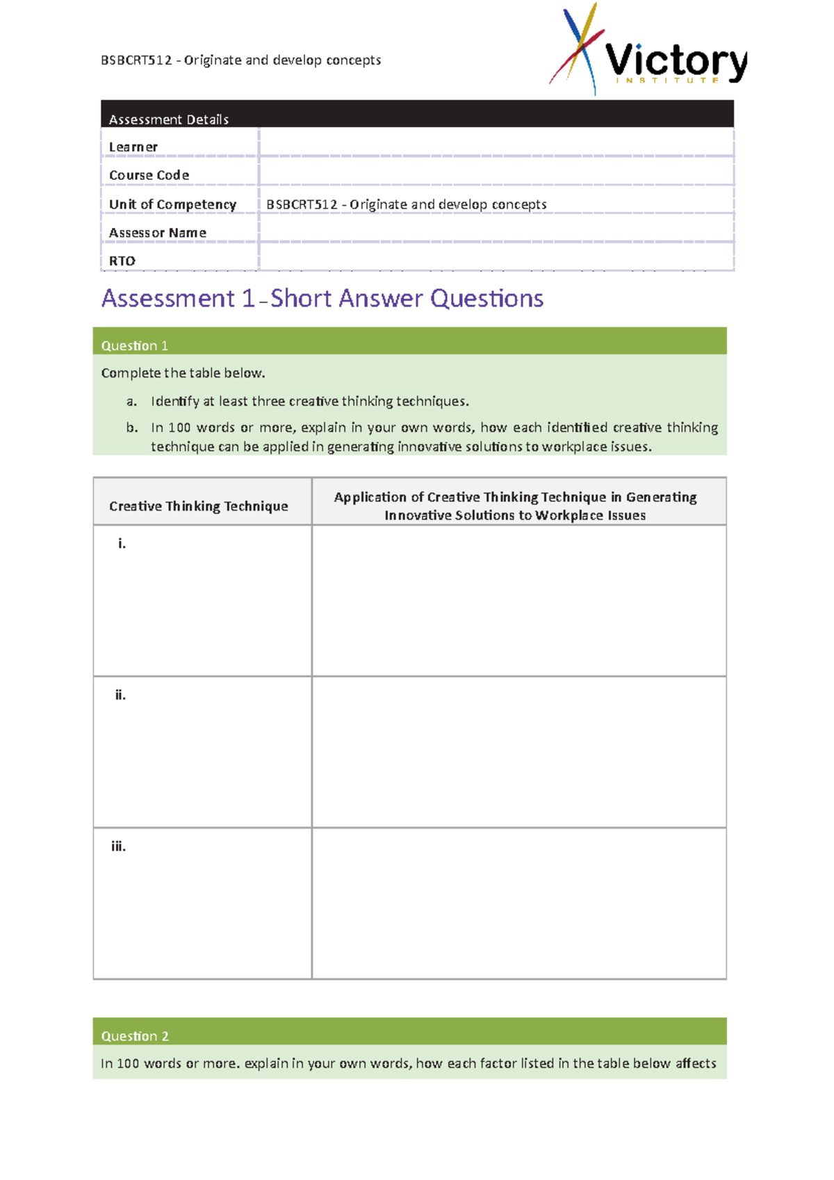 BSBCRT512 - Short Answer Questions for Concept Development T1 - Studocu