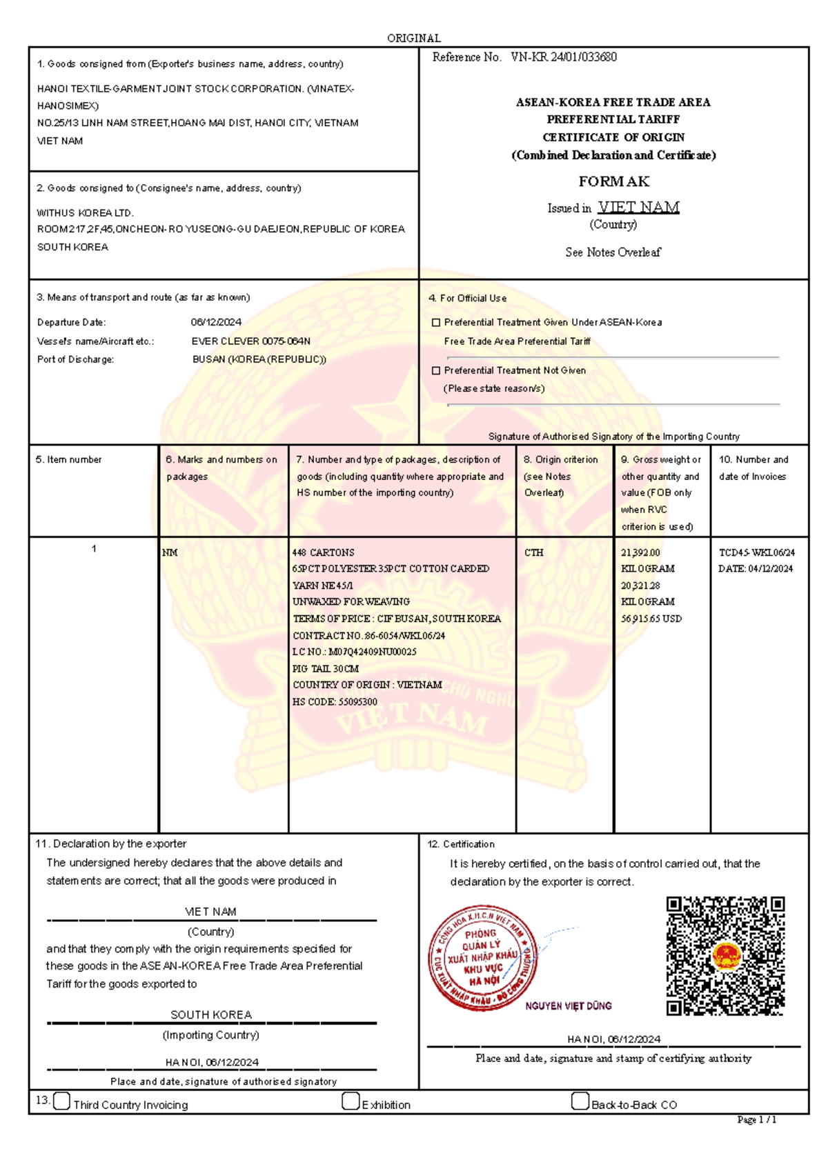 Certificate of Origin Form AK for Export to South Korea - VN-KR 24/01 ...