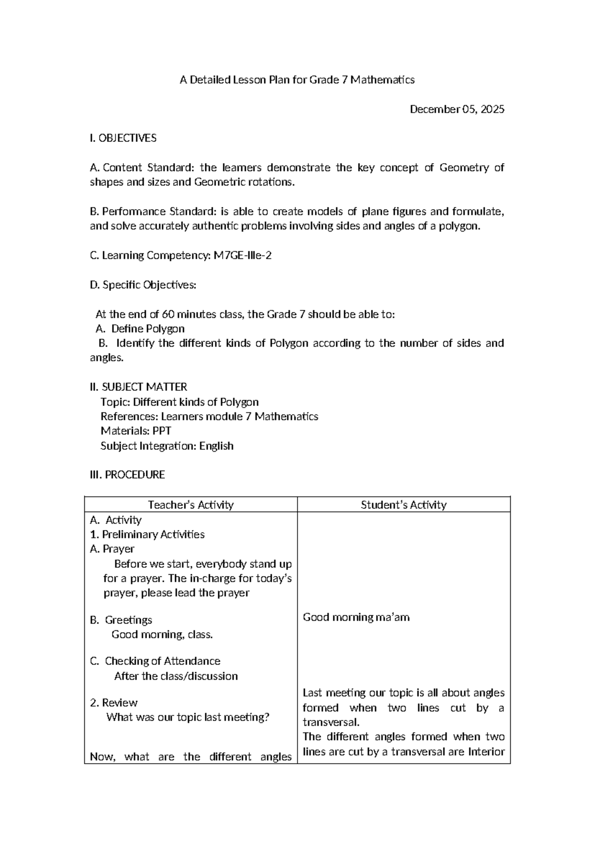 Grade 7 Math Lesson Plan: Understanding Polygons and Their Types - Studocu