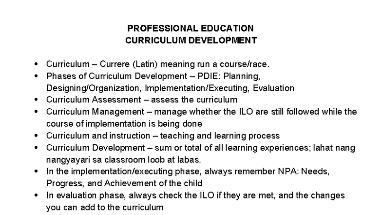 PROF.ED. Curriculum Development: Phases, Foundations, and Models - Studocu