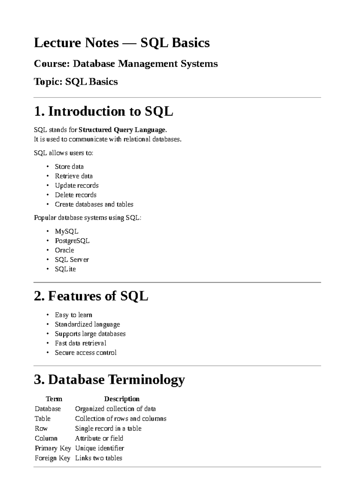 Lecture Notes: SQL Basics (DBMS 101) - Introduction to SQL Concepts ...