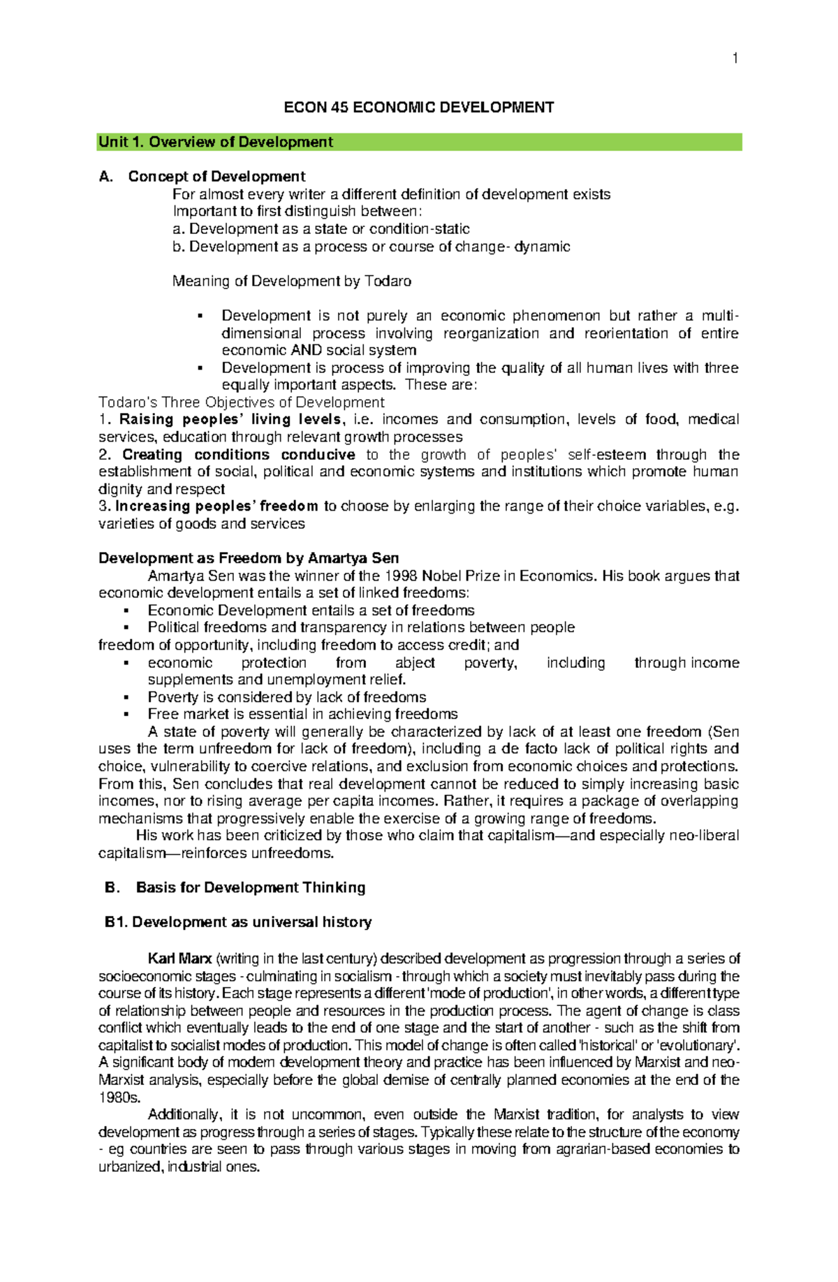Econ 45 Economic Development Unit 1: Overview and Key Concepts - Studocu