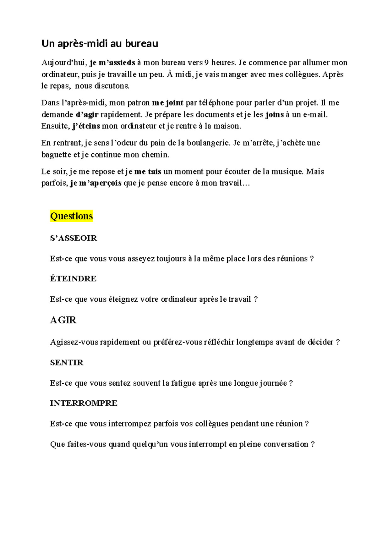 Fiche de Grammaire: Présent - Activités Quotidiennes au Bureau - Studocu
