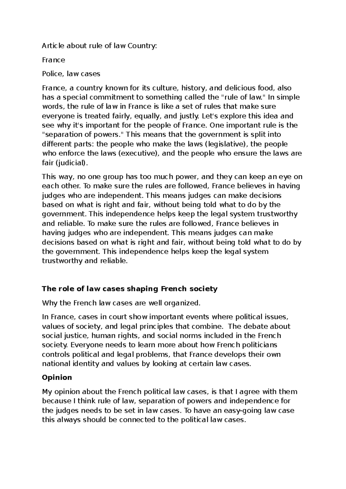FRN 101: Article on Rule of Law and Legal Cases in France - Studeersnel