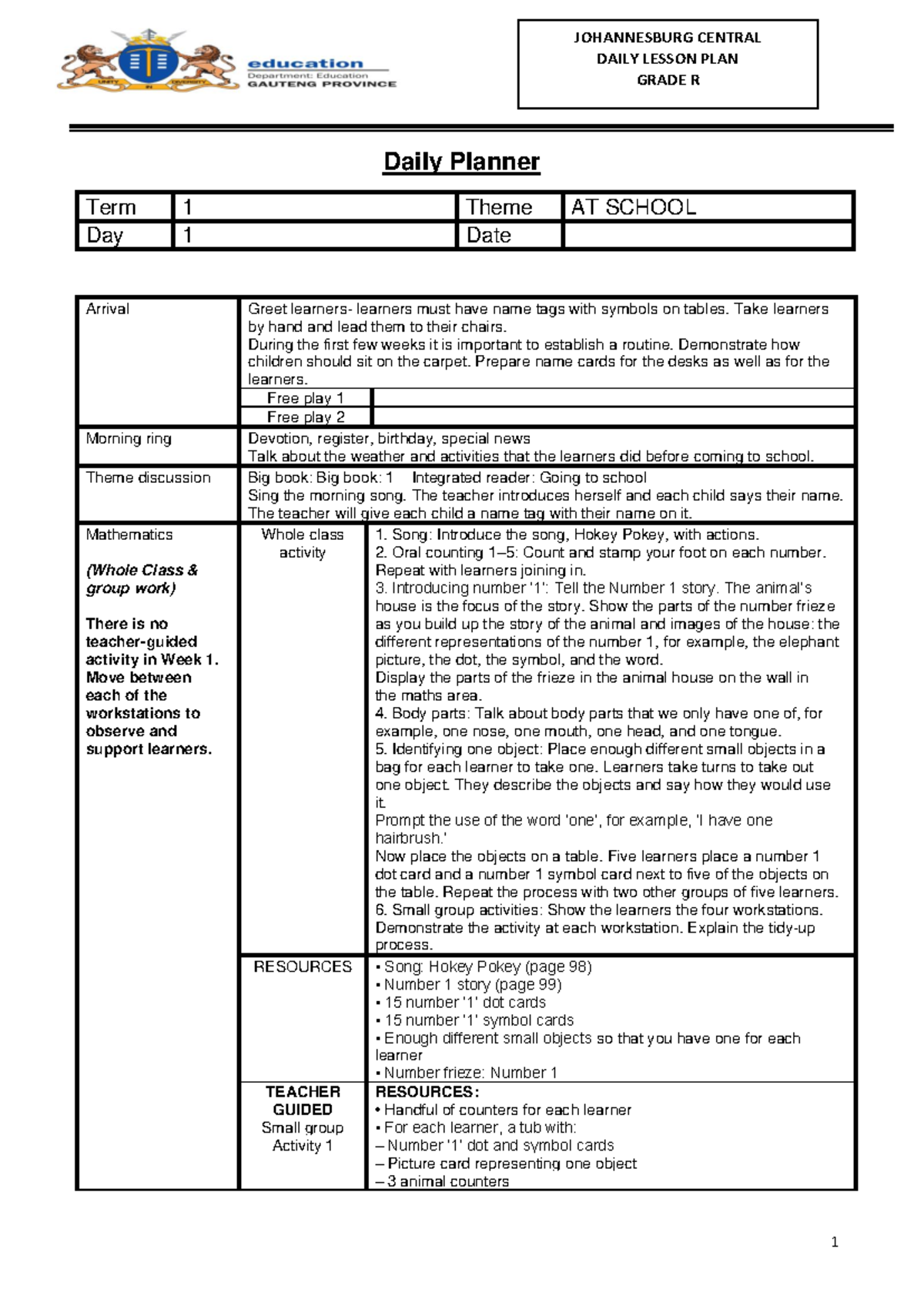 JOHANNESBURG CENTRAL GRADE R DAILY LESSON PLAN - TERM 1, DAY 1-5 - Studocu