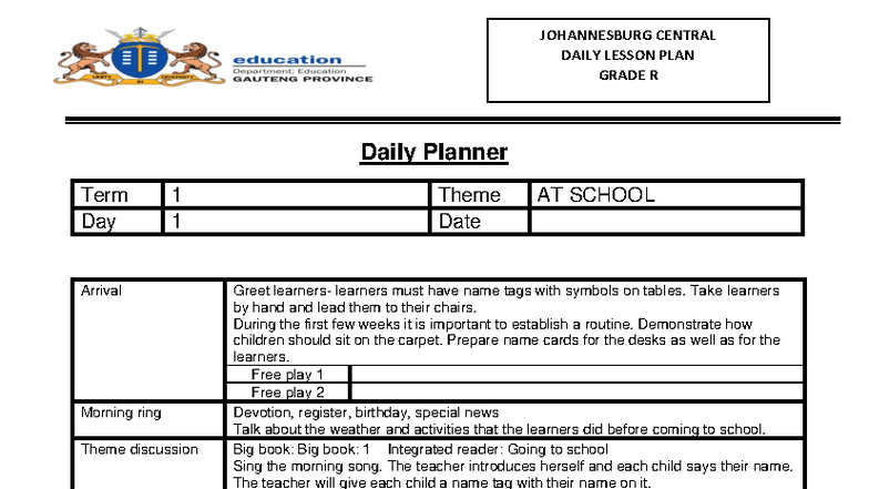 JOHANNESBURG CENTRAL GRADE R DAILY LESSON PLAN - TERM 1, DAY 1-5 - Studocu