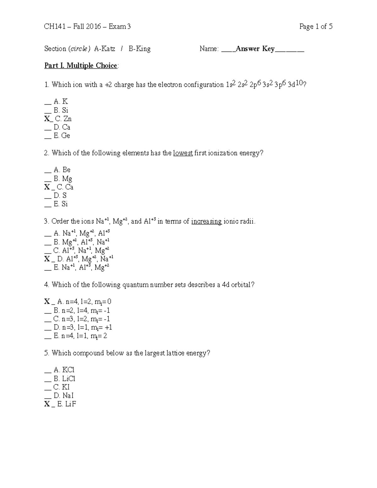 CHEM 101 - Final Exam Answer Key for E3 Topics and Concepts - Studeersnel