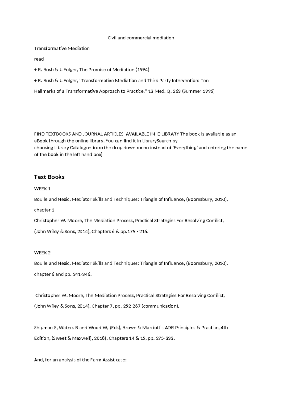 Civil and Commercial Mediation: Textbooks & Articles List - Studocu