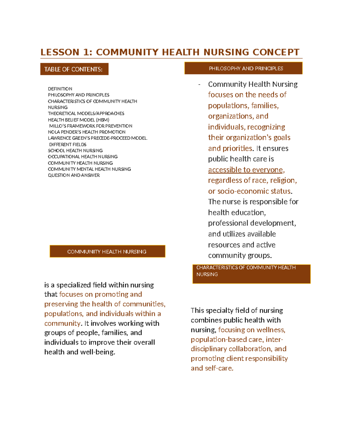 COMMUNITY HEALTH NURSING LESSON 1: CONCEPTS & MODELS OVERVIEW - Studocu