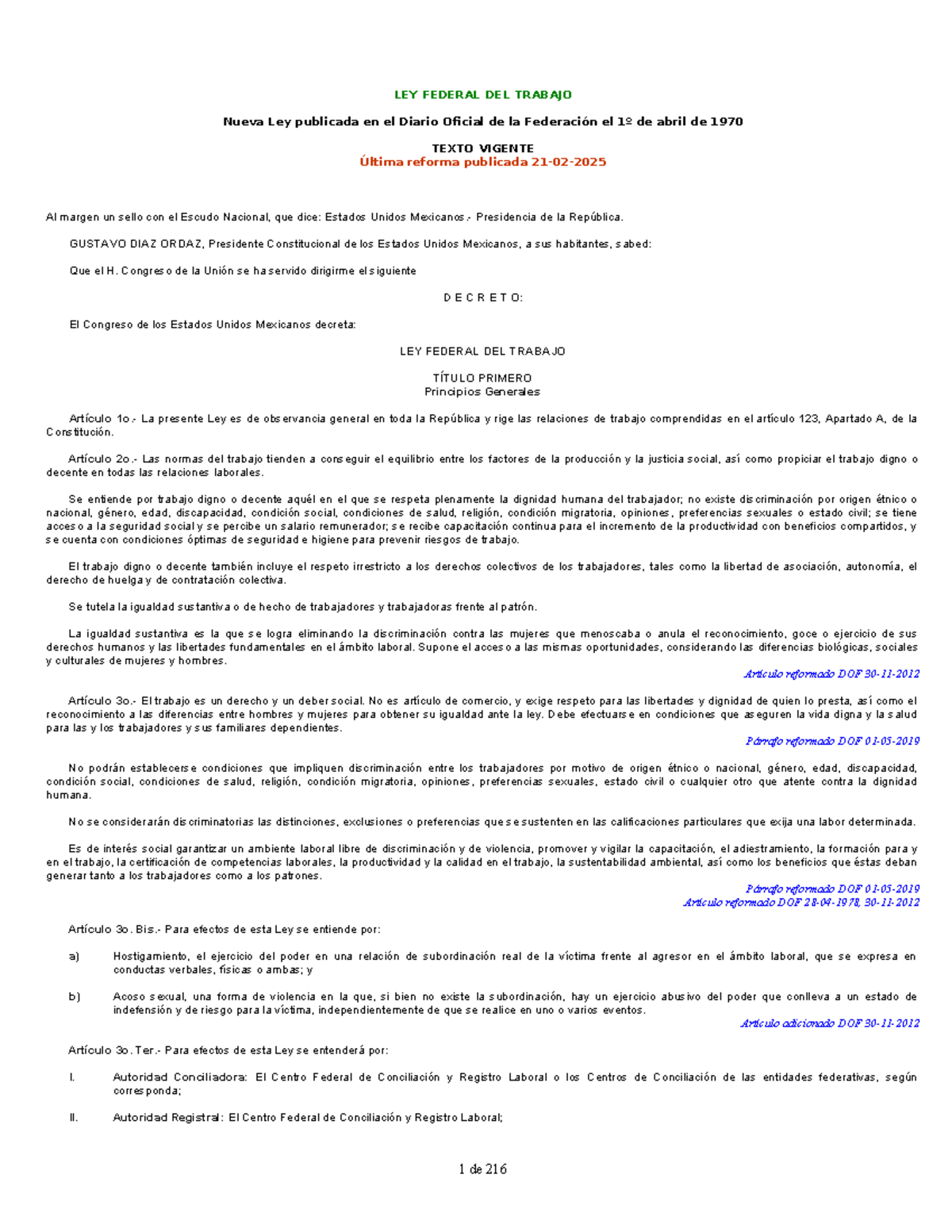 LFT - Ley Federal del Trabajo: Texto Vigente y Reformas - Studocu