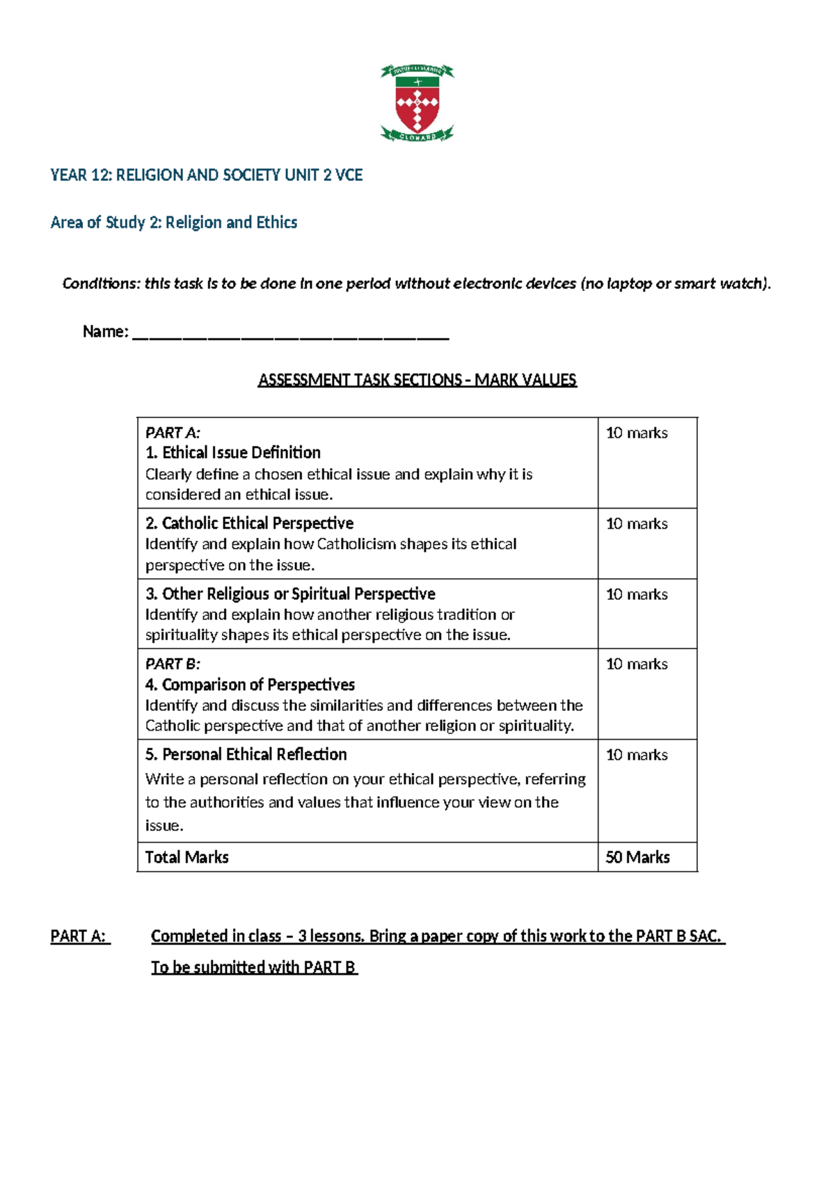 YEAR 12 VCE Religion & Society Unit 2: Ethics Assessment Task - Studocu