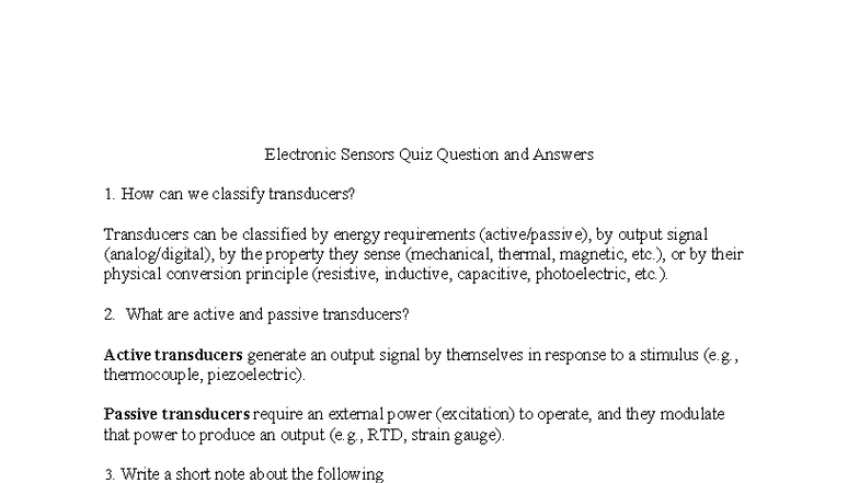 ES 101 Electronic Sensors Quiz: Key Questions & Answers - Studocu