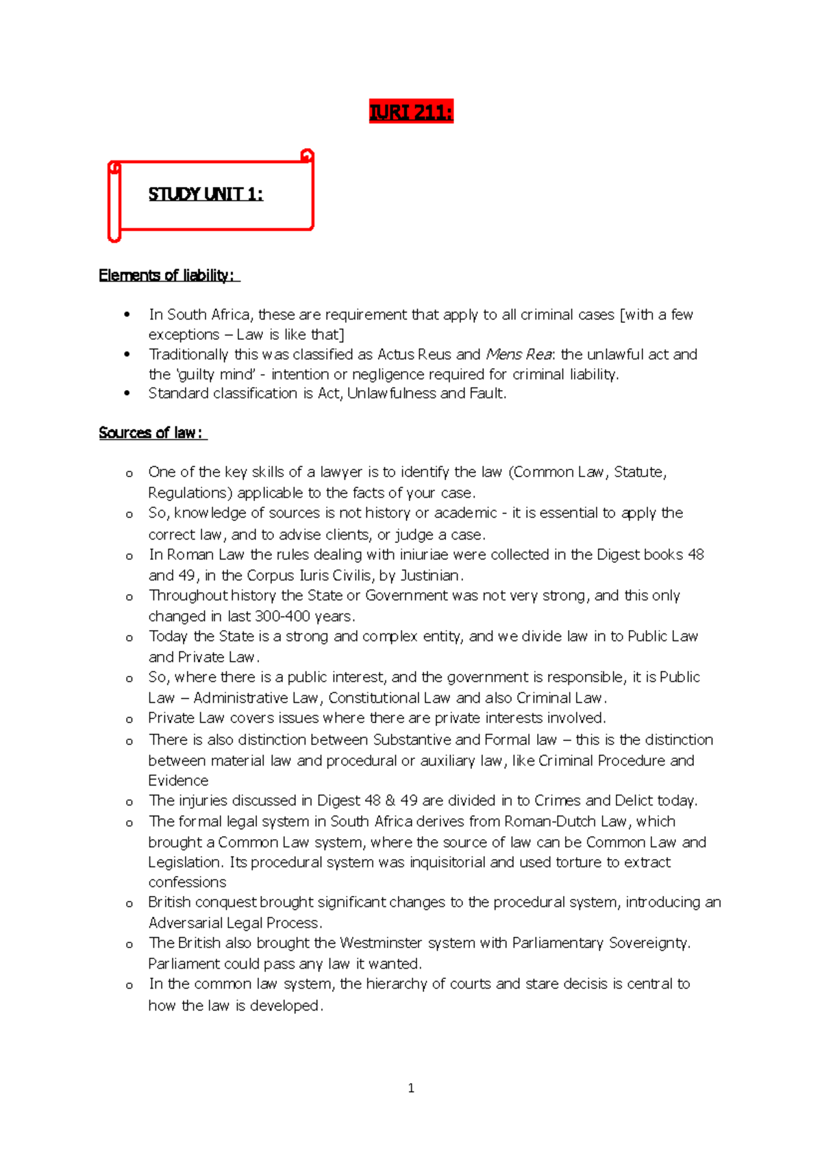 IURI 211 Study Notes: Liability, Law Sources & Crime vs Delict 2022 ...