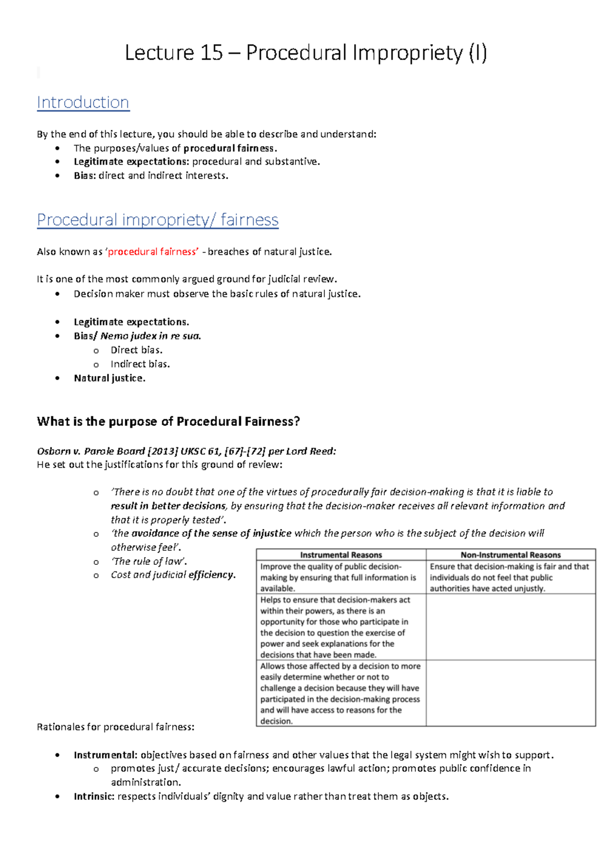 Procedural Impropriety I: Lecture 15 Notes for Law 101 - Studocu